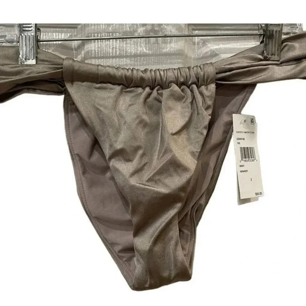 Good American 2 Medium Shine Ruched Bikini Bottom Swim Bottom Mink Taupe NWT
